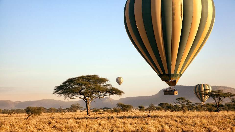 Hot air balloon over African savanna