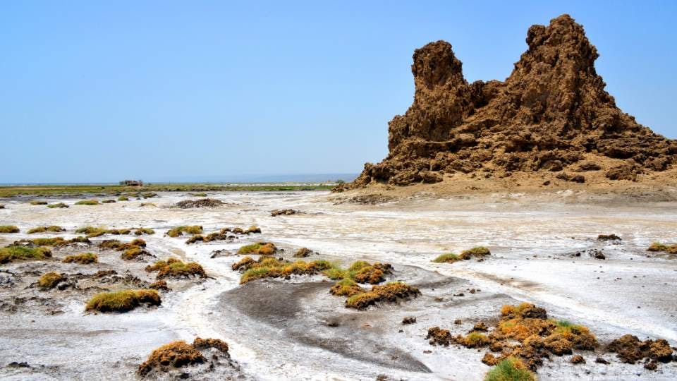 Salt flats with rock formation in Djibouti