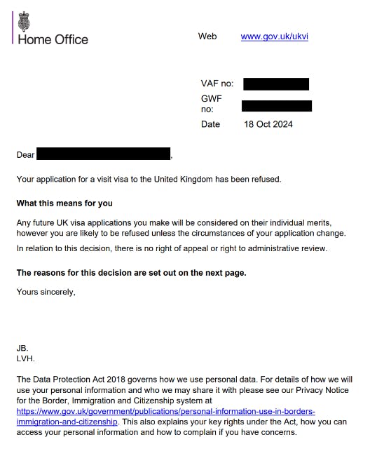 UK visa refusal letter sample image