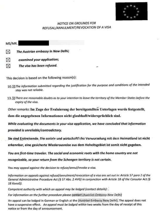 Sample image of Schengen visa refusal letter