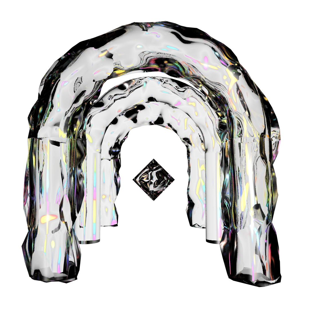 A series of rippled, iridescent archways lead to a diamond form in the distance