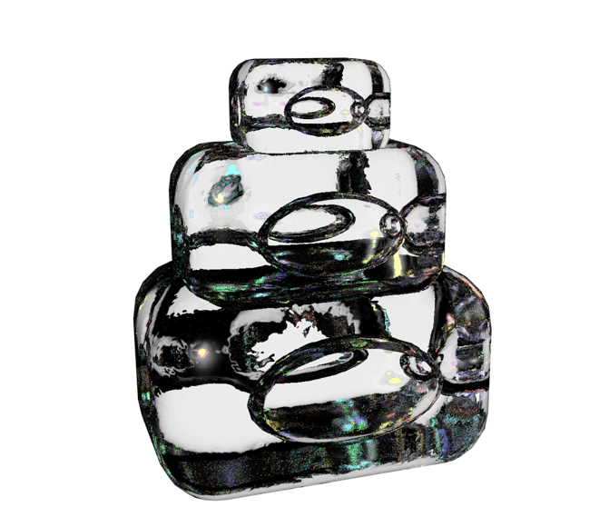 An iridescent stack of blocky forms with rounded corners floats over a black background