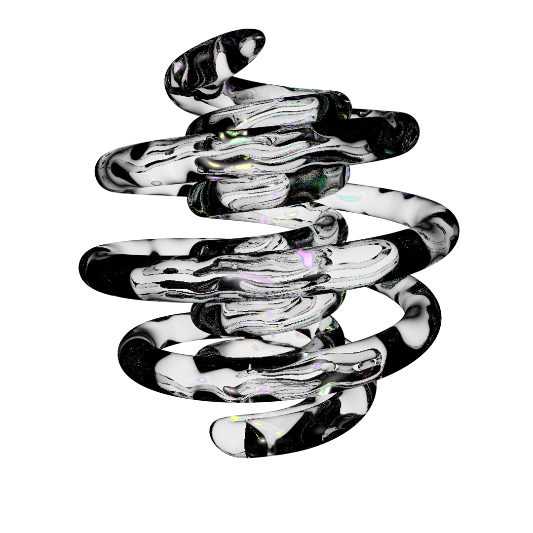 An iridescent spiral made of glassy tubes floats over a black background