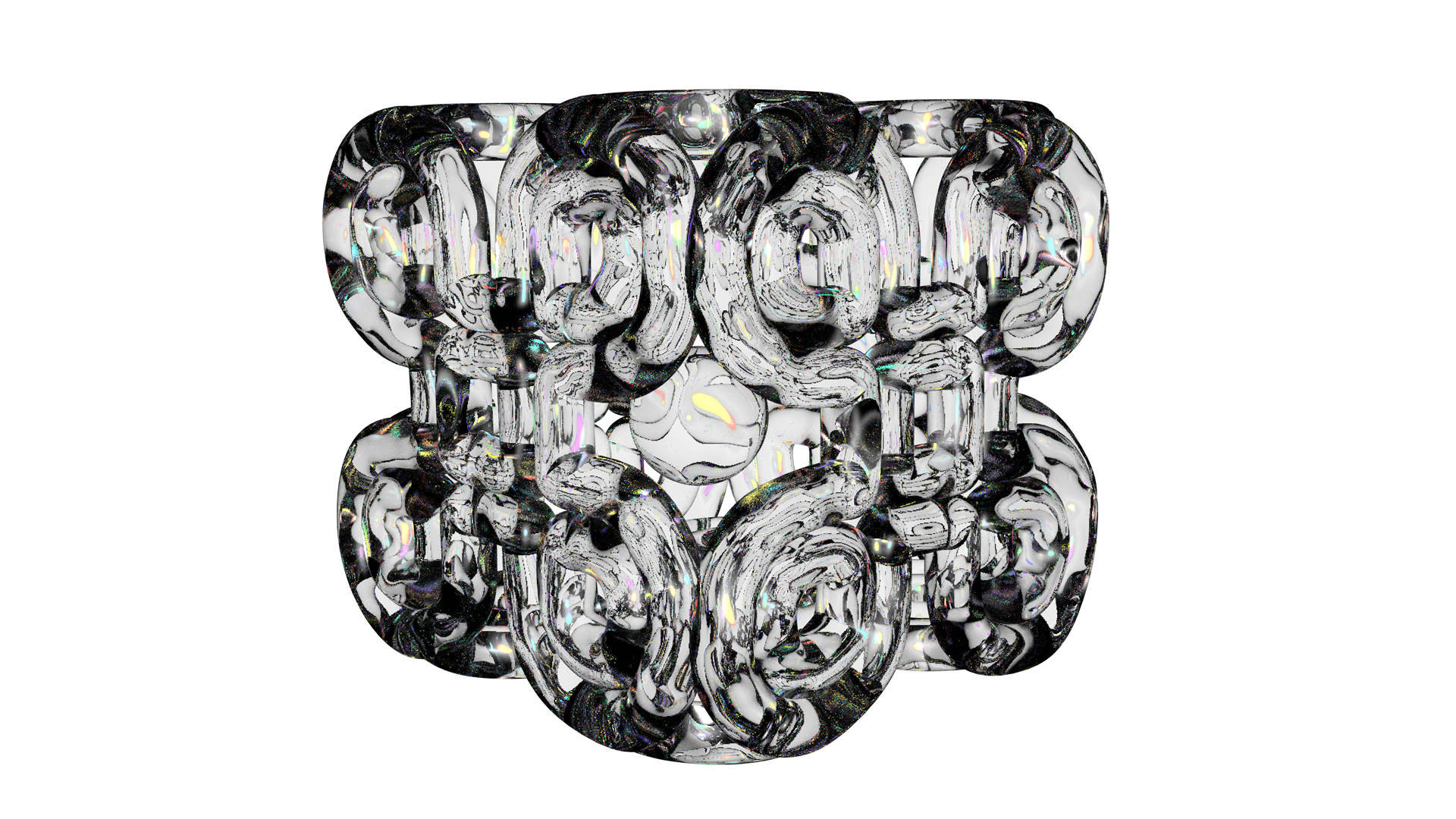 A cube made of iridescent clover shapes floats on a black background