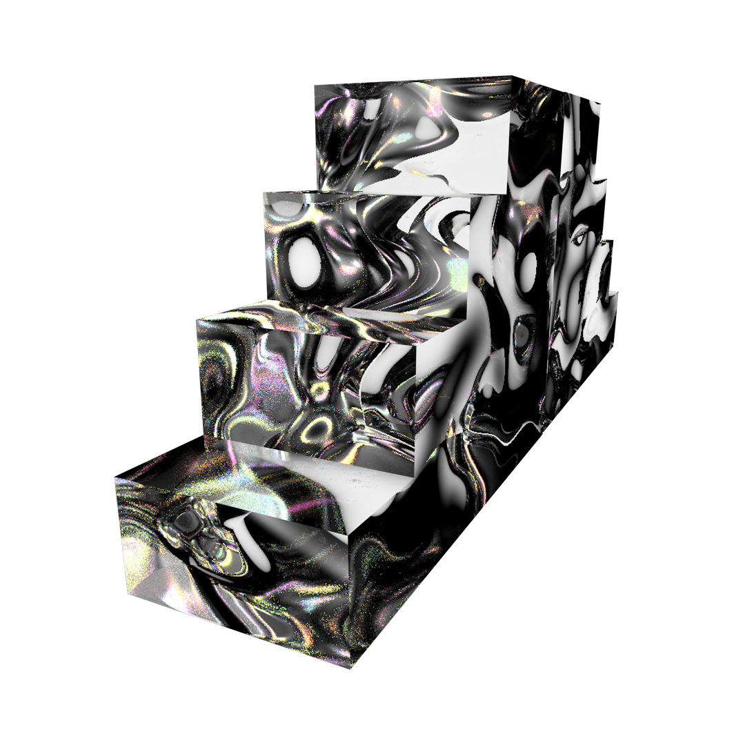 An iridescent staircase floats over a black background