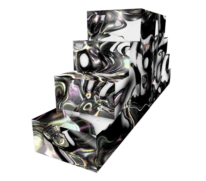 An iridescent staircase floats over a black background