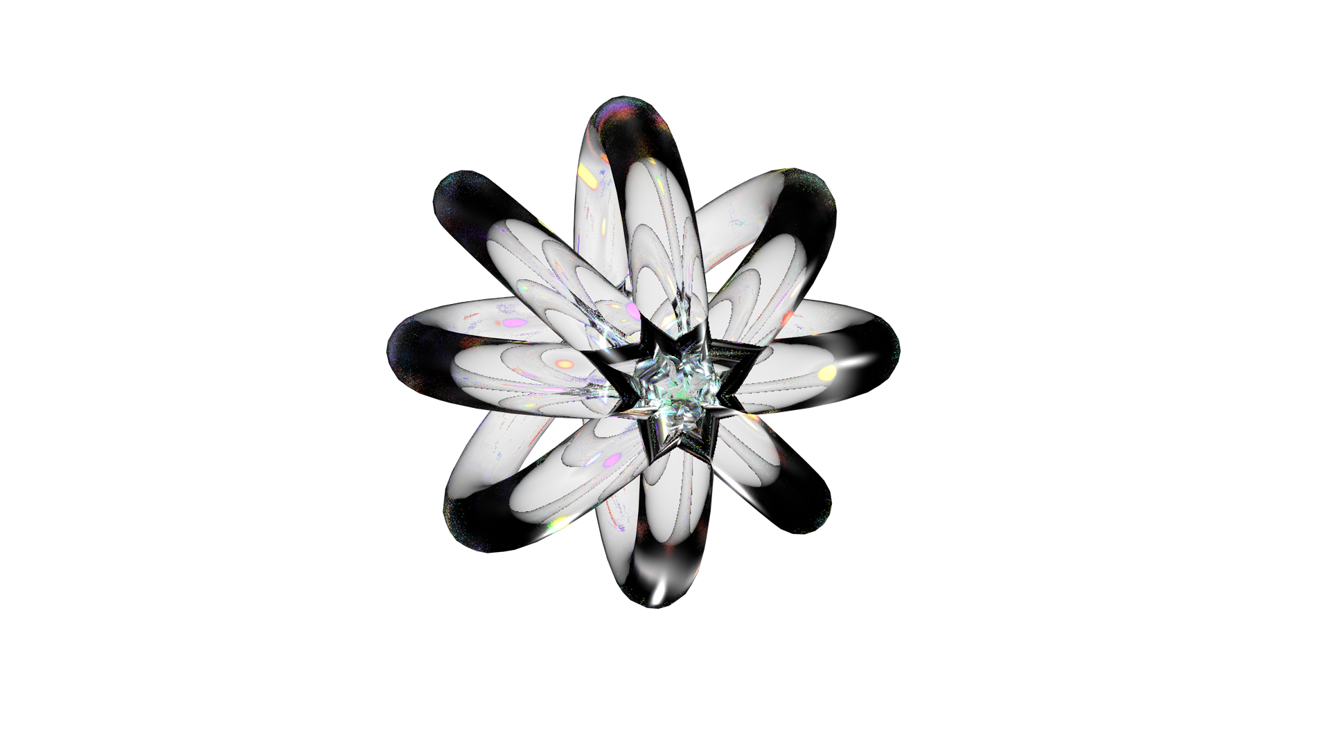An iridescent ball formed of extruded rings floats over a black background