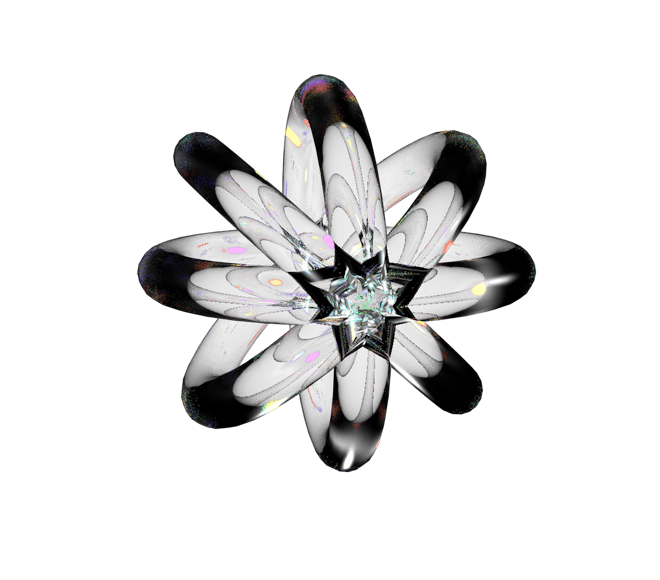 An iridescent ball formed of extruded rings floats over a black background