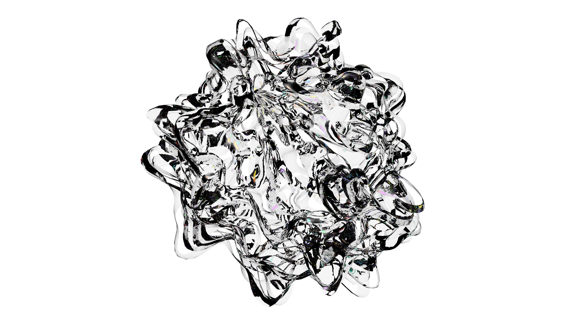 An iridescent rippled ball floats over a black background