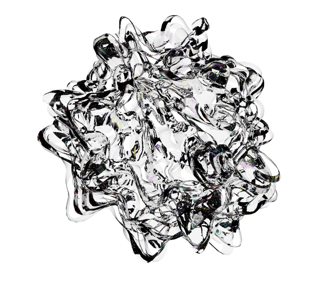 An iridescent rippled ball floats over a black background