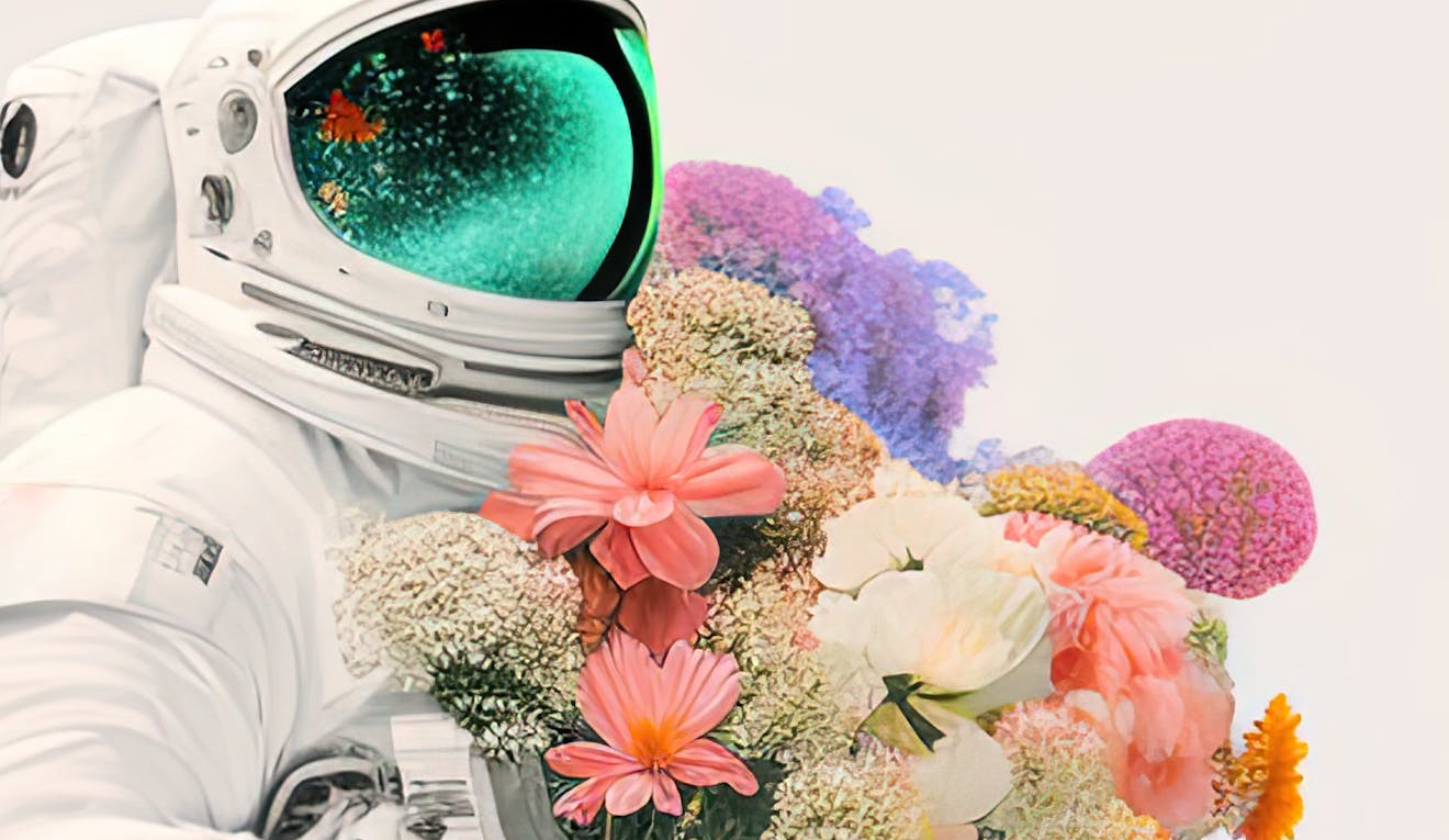 An astronaut holds a giant bundle of beautiful, colourful flowers for mothers day at TELUS Spark. 