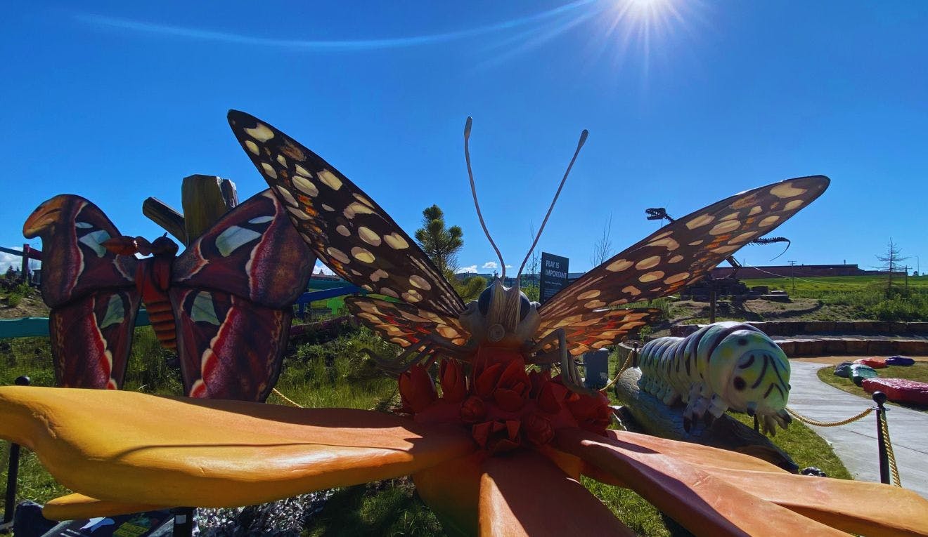 A giant fake butterfly and Atlas Moth at TELUS Spark