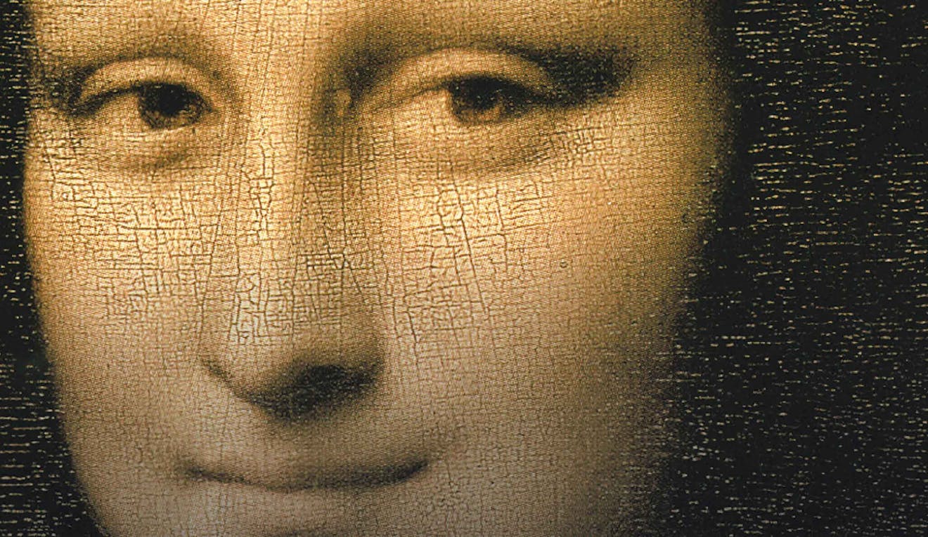 A grainy depiction of the Mona Lisa, cropped tight on her face.