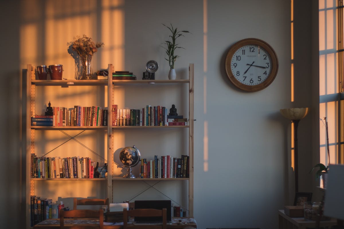 Interior of a room at sunset - there's a row of shelves with books & flowers and a clock on the wall. 