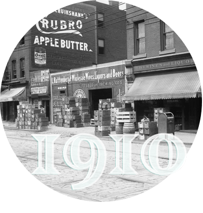 the Strip District Terminal building in 1910, with a wall advertisement for Crubro Apple Butter