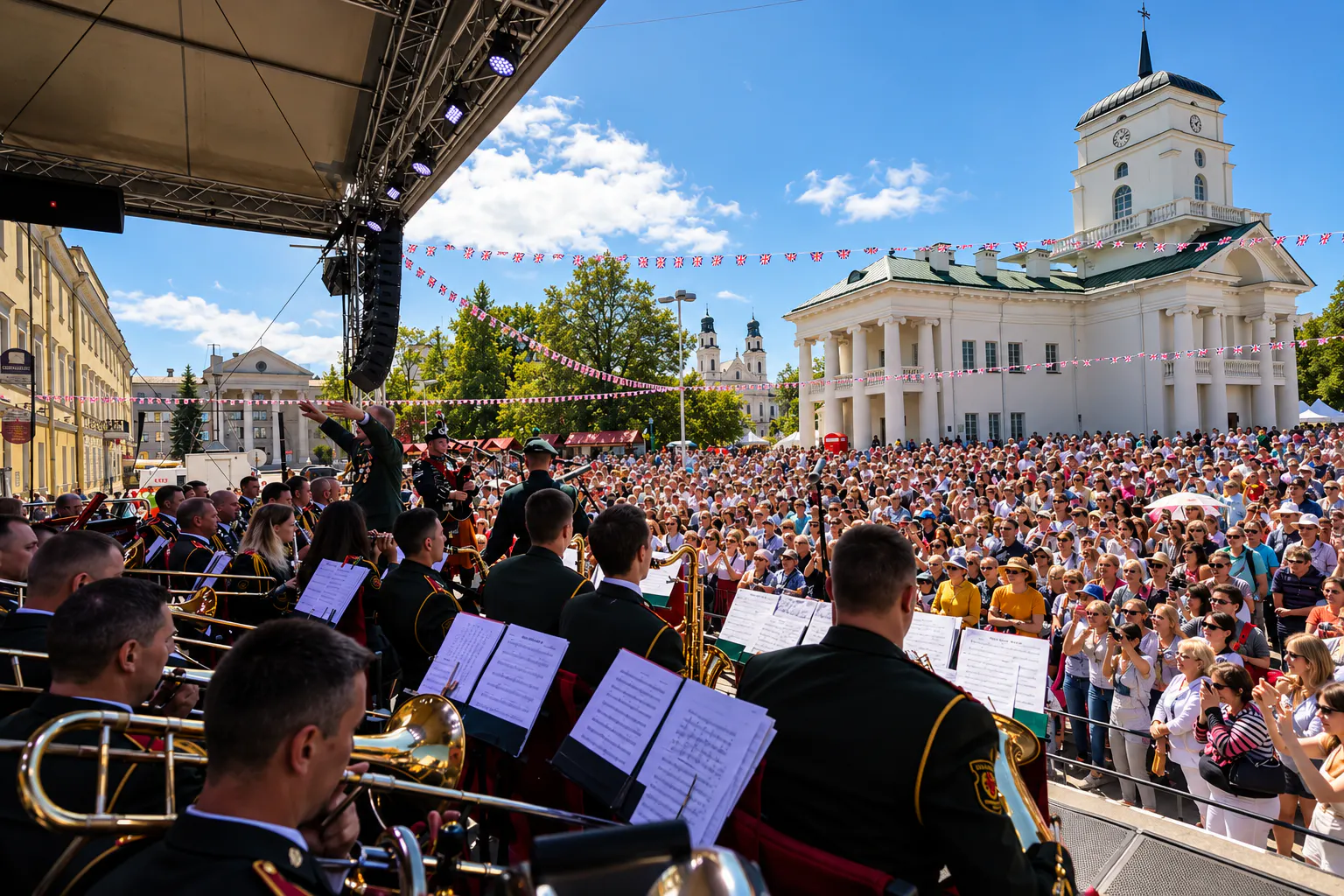 Military brass band playing on an outdoor stage to a large daytime crowd in the festival square