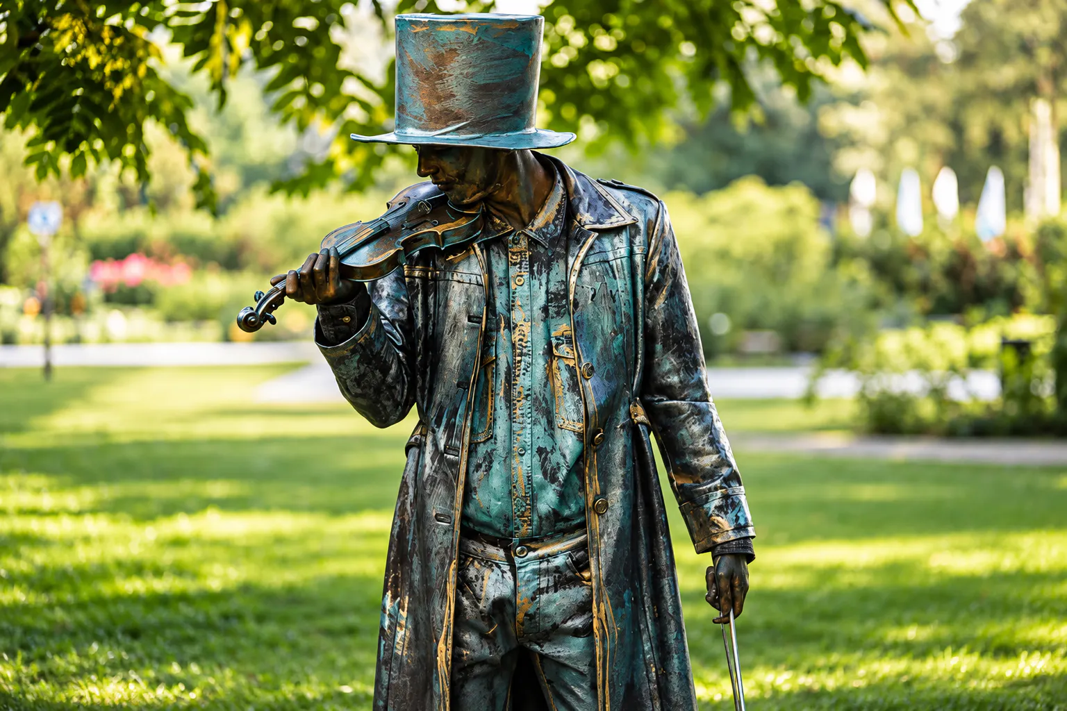 Bronze-painted living statue in a top hat and long coat playing violin on a park lawn