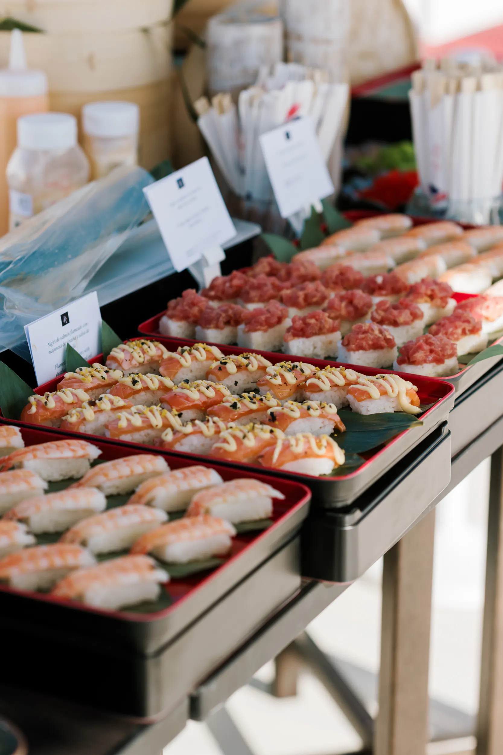 Sushi catering station with salmon, tuna and shrimp nigiri at the Fortunate Media event