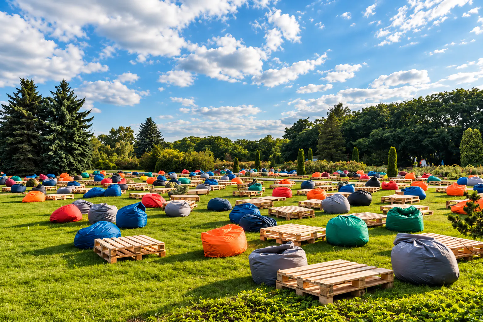 Lounge zone with colorful bean bags and pallet tables spread across a sunny lawn
