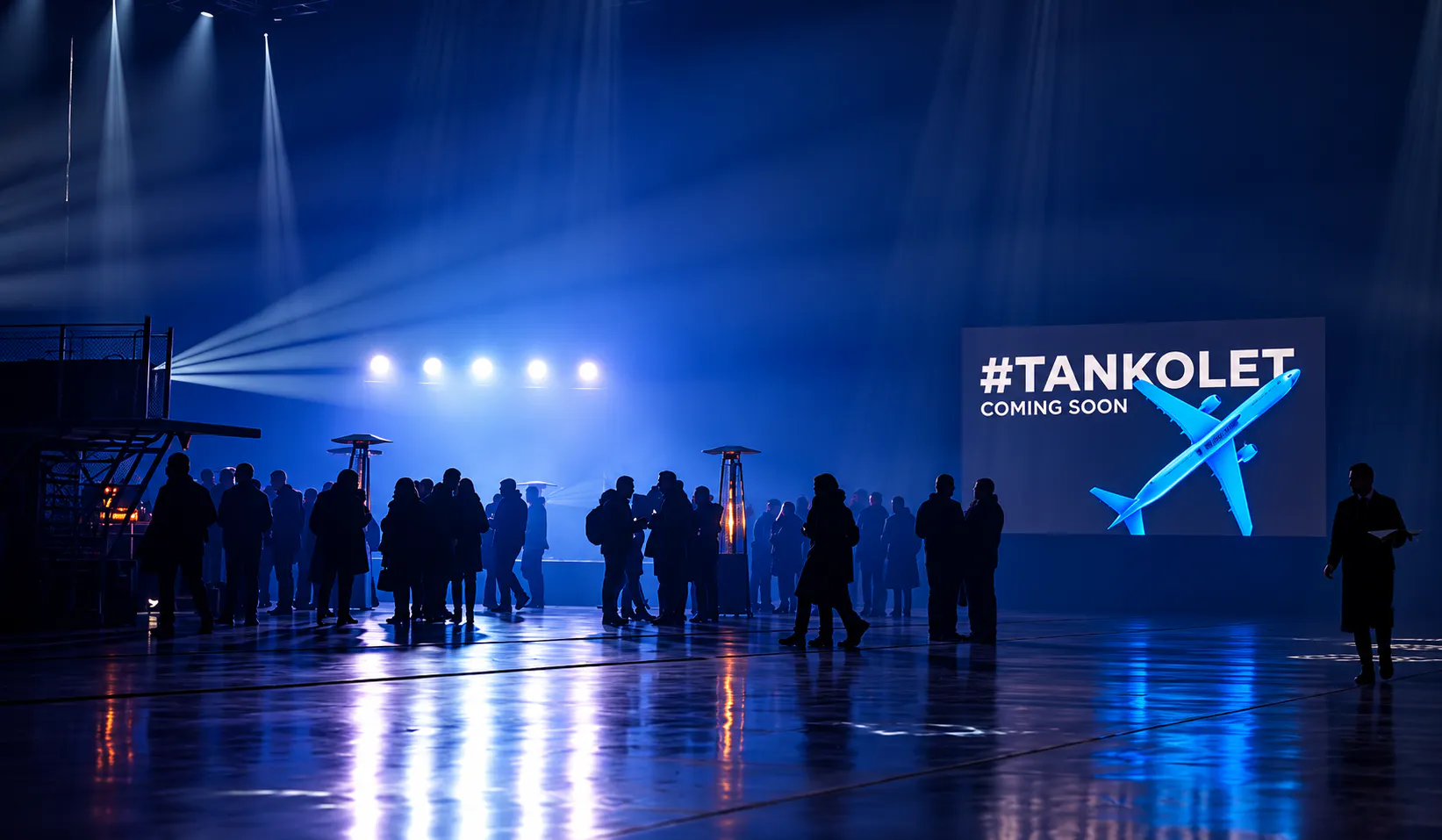 Guests mingling in the blue-lit hangar lounge beside a #TANKOLET coming soon screen