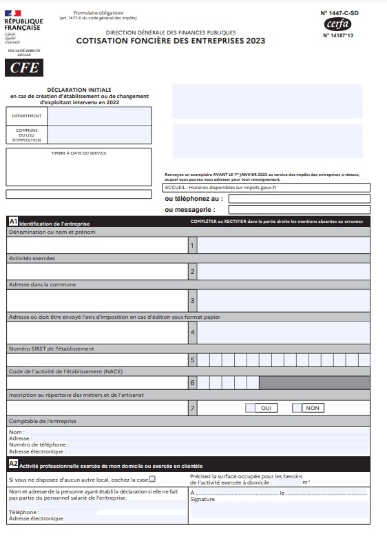 formulaire pour la déclaration cfe