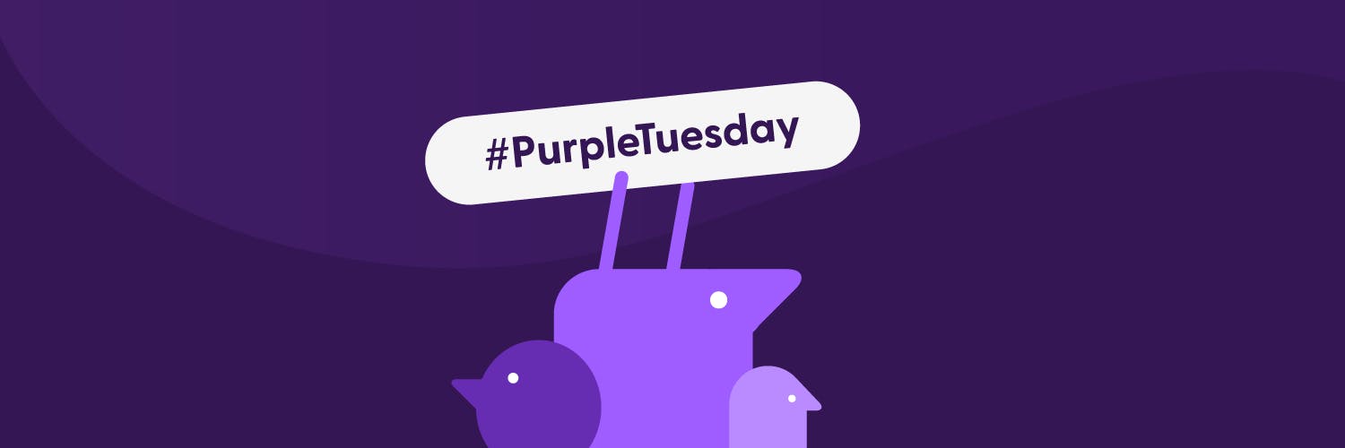 Purple Texthelper holding up a Purple Tuesday banner to celebrate disability inclusion online