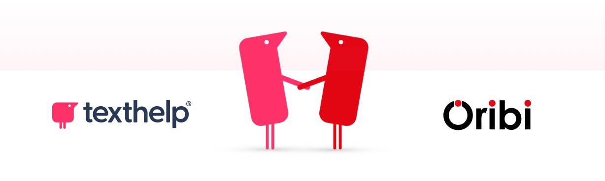 A pink texthelper and red texthelper shaking hands with Texthelp logo on the left side and the Oribi logo on the right