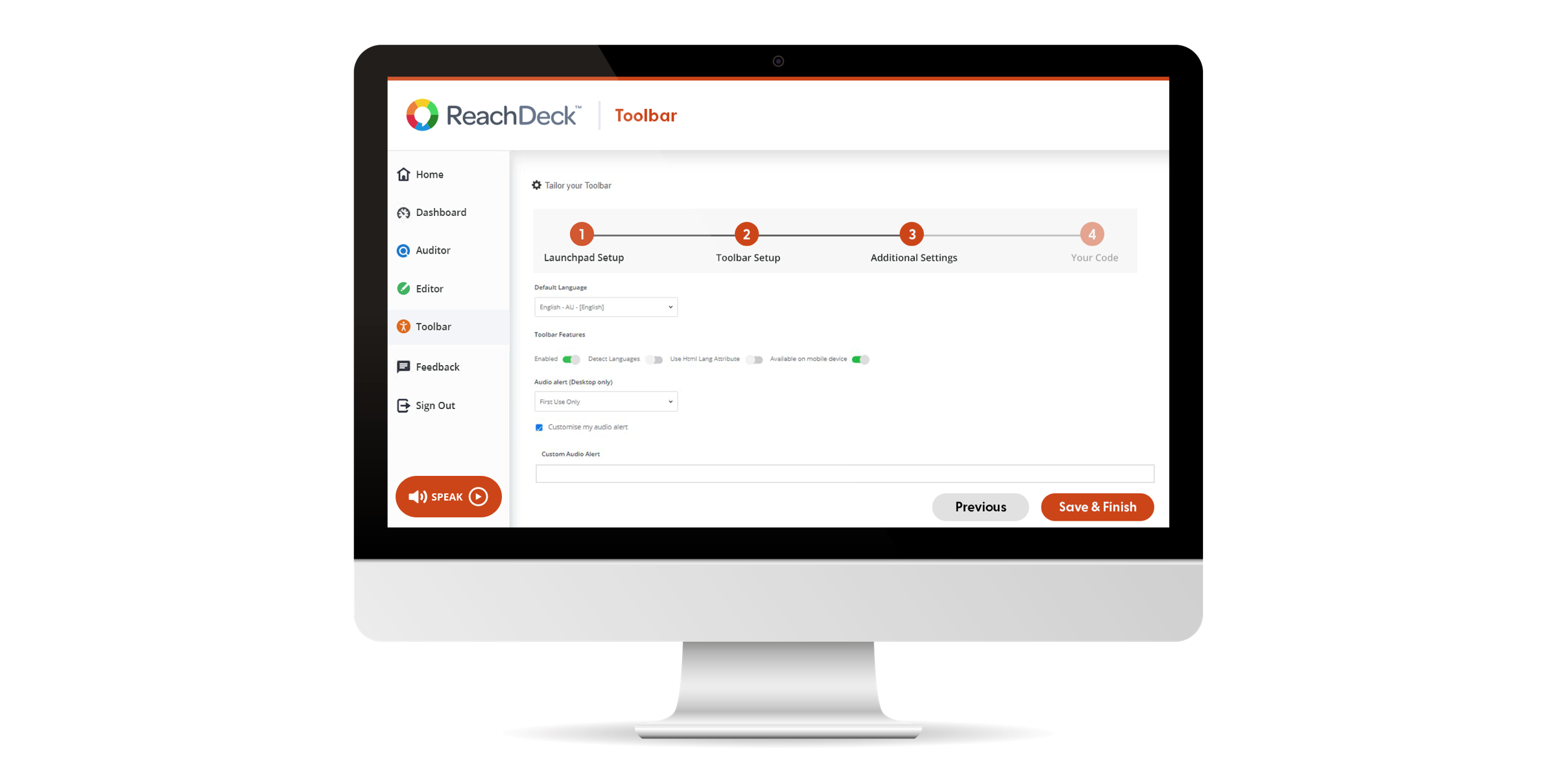 ReachDeck toolbar section where the user can edit additional settings such as language and audio alerts.