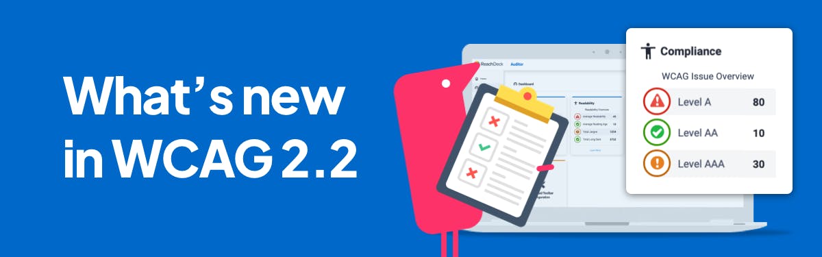 Texthelper icon with Reachdeck features. Text: What's new in WCAG 2.2