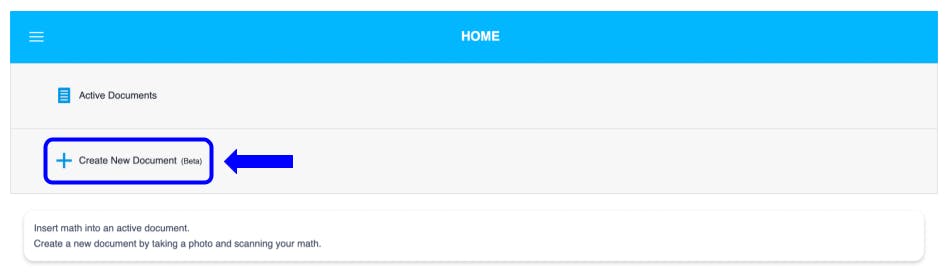 Screenshot of the EquatIO Mobile Dashboard with the 'Create New Document' option highlighted.