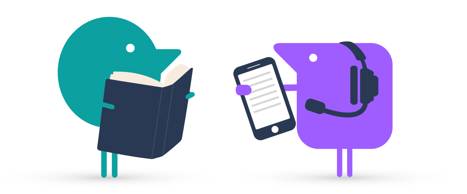 Texthelper cartoon characters reading from a book and a mobile device