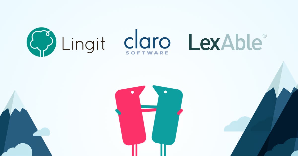 Texthelpers hugging with mountains in background and the Lingit Group, Claro Software, LexAble logos