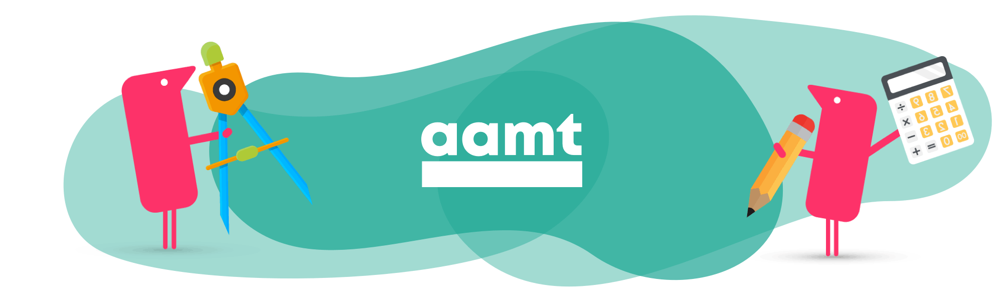 AAMT Logo, with texthelpers using a calculator, a pencil and a compass.