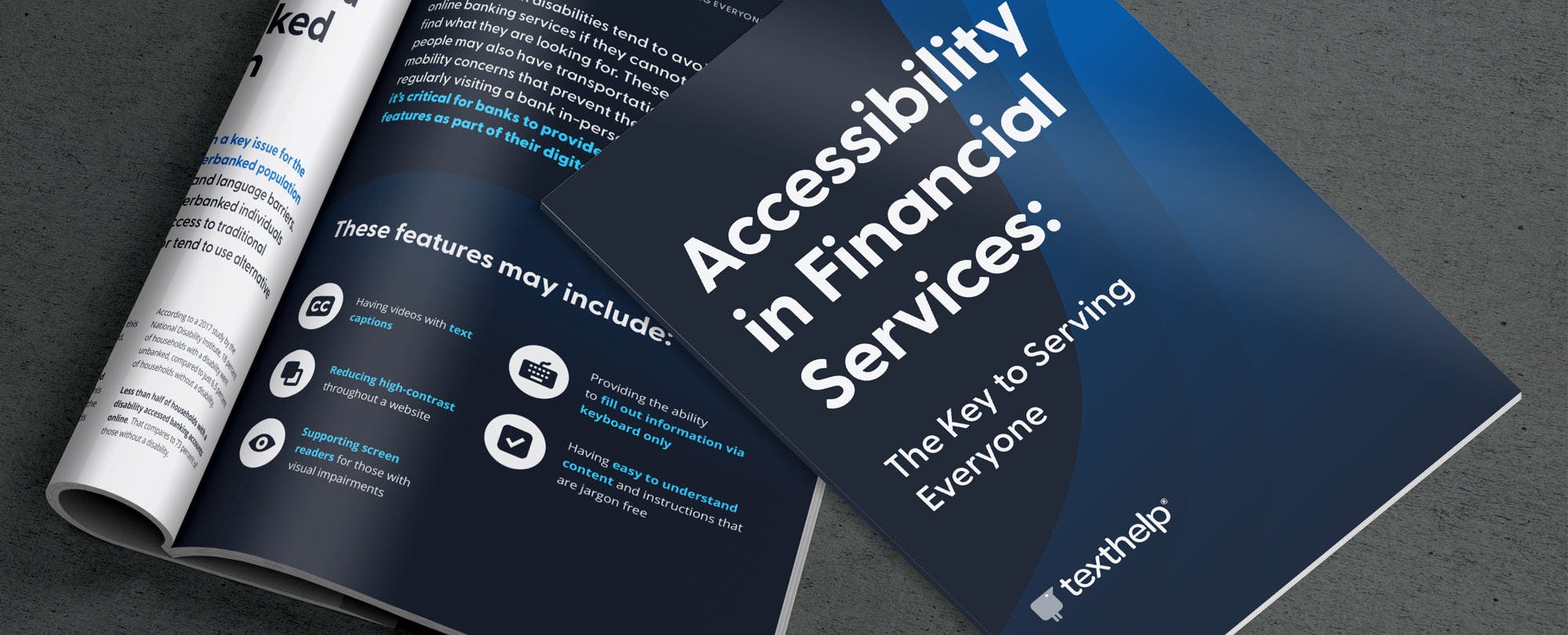 Front cover and inside spread of "Accessibility in Financial Services: The Key to Serving Everyone".