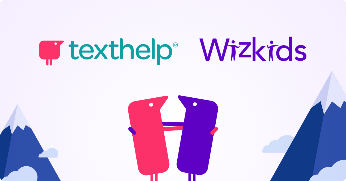 Texthelpers hugging with Texthelp Wizkids logos in background with mountains