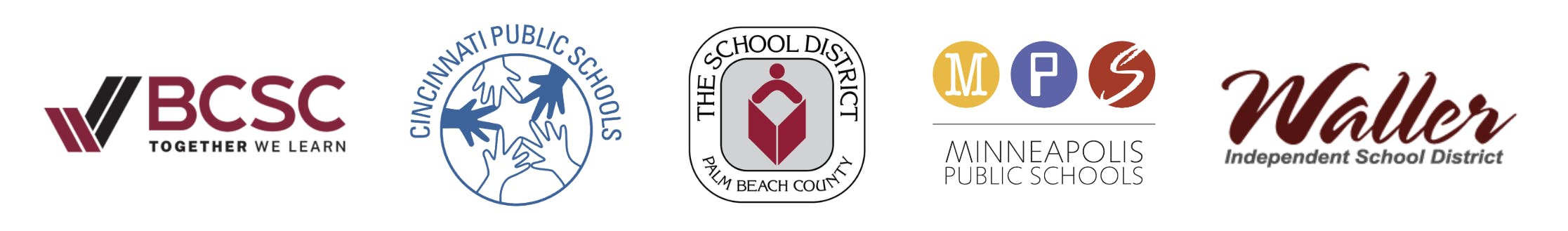 Logos of BCSC, Cincinnati public schools, Palm Beach County, Minneapolis public schools and Waller school district 