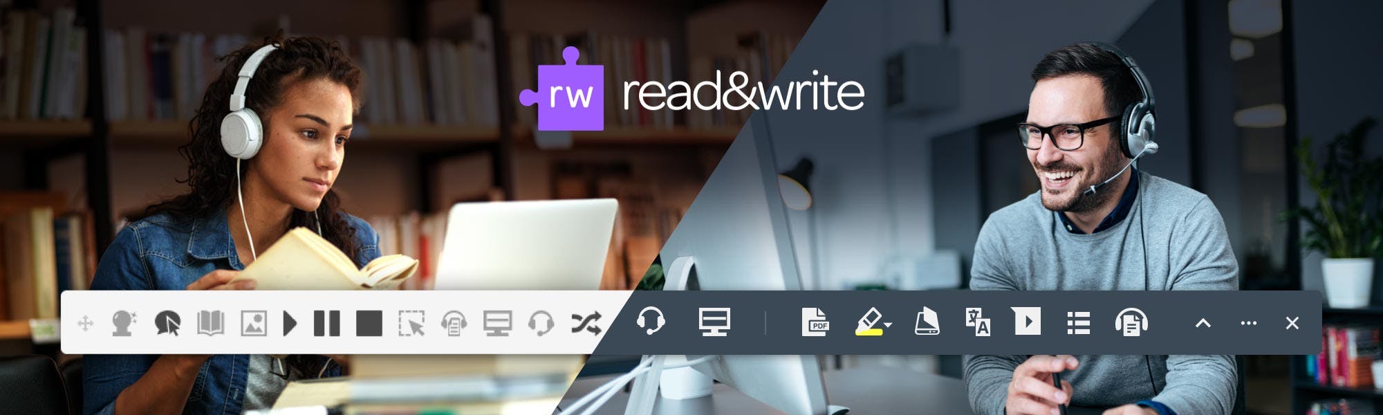 Read&Write logo on top of an image showing a university student using the Read&Write education toolbar and an office worker using Read&Write for Workplace toolbar.