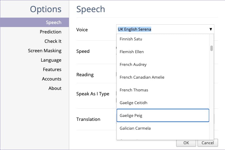 Read&Write for Google Chrome speech settings window with Gaelige Peige selected from the voice drop down menu