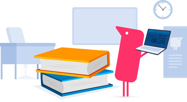 Texthelper character in the classroom holding laptop