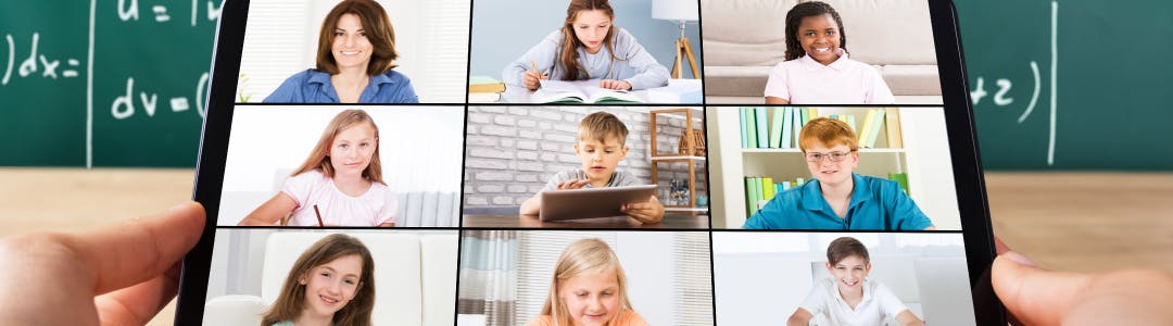 Maths class banner image showing teacher and kids