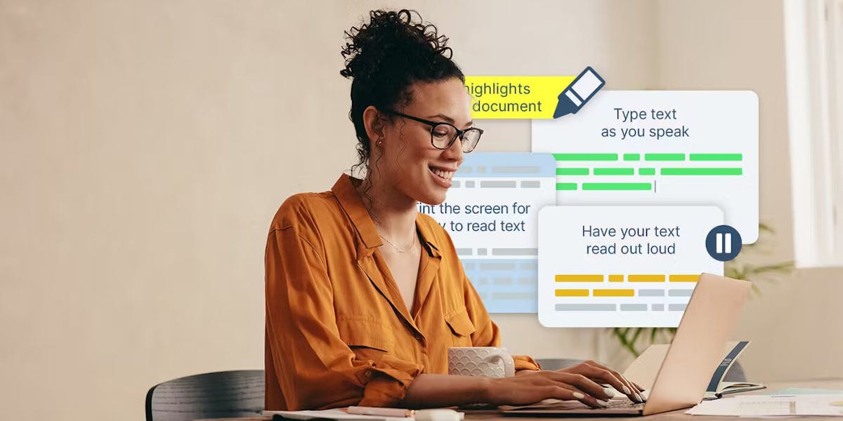 Woman using the Read&Write in her home office, reviewing a large paragraph of text