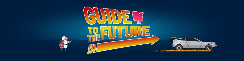 Guide to the future banner with Texthelp DeLorean and back to the future themed Texthelpers