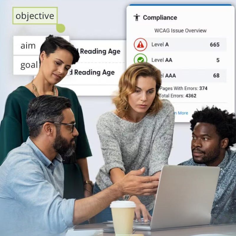 A group of 4 employees using ReachDeck for compliance around a computer with key features on display.