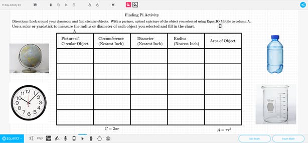 EquatIO mathspace with Finding Pi activity