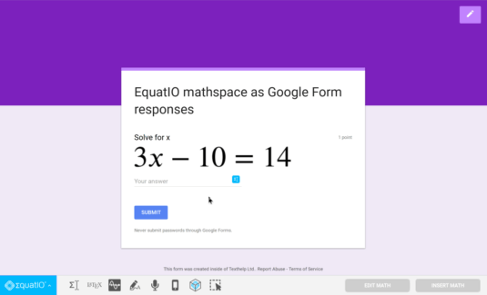 GIF of EquatIO mathspace as Googel Form Response