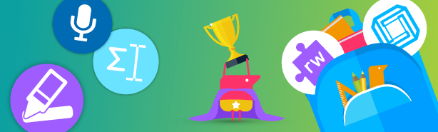 A texthelper holding an award cup, with an oversized cape. A few feature icons floating alongside