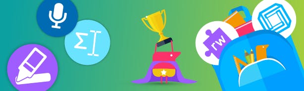 A texthelper holding an award cup, with an oversized cape. A few feature icons floating alongside