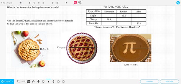 EquatIO mathspace with Dessert Pi activity