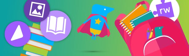 Superhero Texthelper in a cape, beside a backpack full of school stationary and Read&amp;Write logo