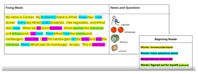 A table showing the highlighters being used in a text paragraph. Each color shows what the student understands and doesn't understand.